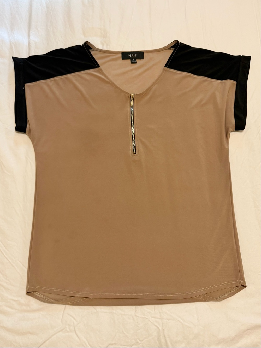 NAIF Taupe Short Sleeve Top with Black Shoulder Panels